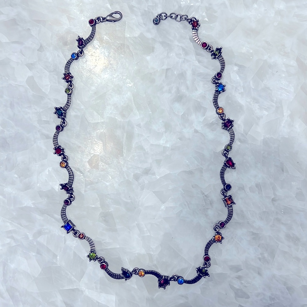 Multicolor stone and gunmetal silver tone necklace. Adjustable 16”-18”. Unique